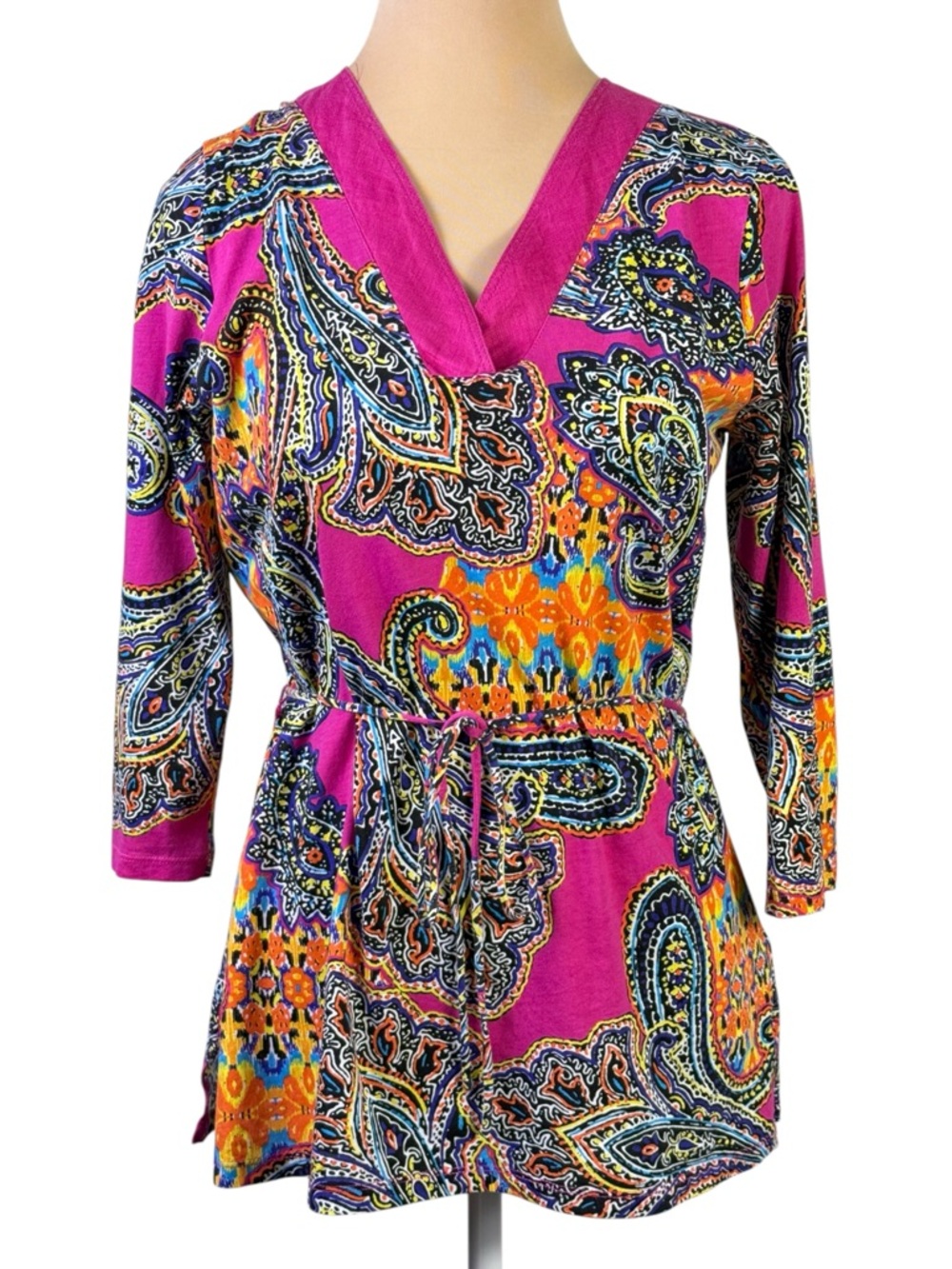 Lauren Ralph Lauren Paisley Pink V-Neck Top Tie Waist 3/4 Sleeve Blouse